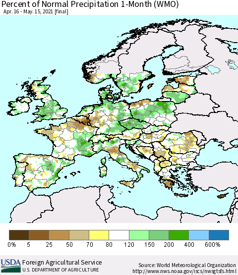 Europe Percent of Normal Precipitation 1-Month (WMO) Thematic Map For 4/16/2021 - 5/15/2021