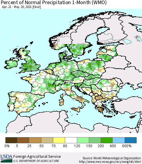 Europe Percent of Normal Precipitation 1-Month (WMO) Thematic Map For 4/21/2021 - 5/20/2021