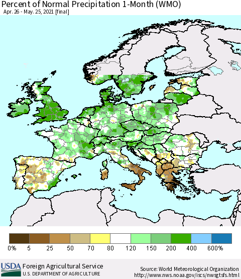 Europe Percent of Normal Precipitation 1-Month (WMO) Thematic Map For 4/26/2021 - 5/25/2021