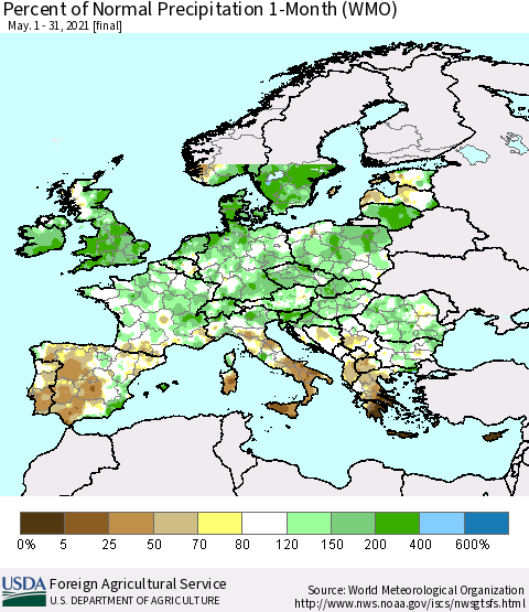 Europe Percent of Normal Precipitation 1-Month (WMO) Thematic Map For 5/1/2021 - 5/31/2021