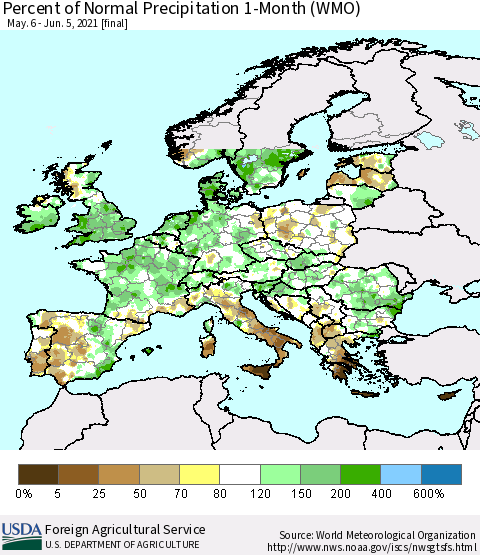 Europe Percent of Normal Precipitation 1-Month (WMO) Thematic Map For 5/6/2021 - 6/5/2021