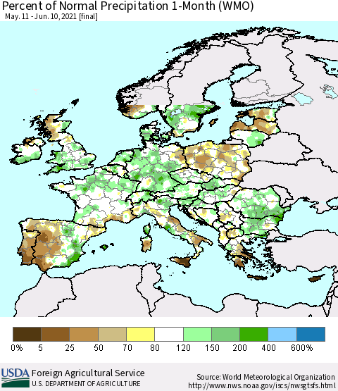 Europe Percent of Normal Precipitation 1-Month (WMO) Thematic Map For 5/11/2021 - 6/10/2021