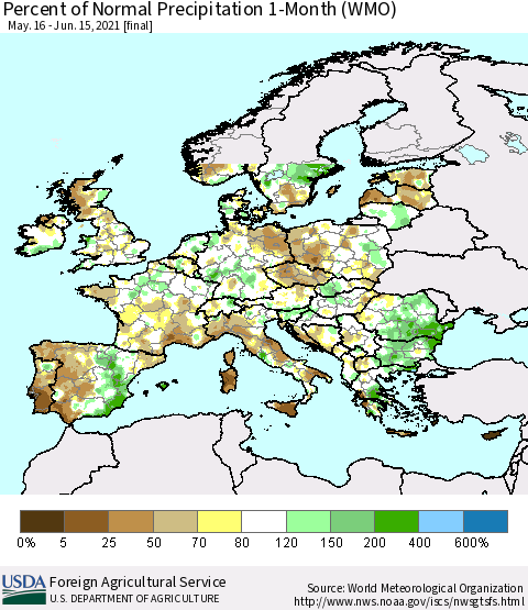 Europe Percent of Normal Precipitation 1-Month (WMO) Thematic Map For 5/16/2021 - 6/15/2021