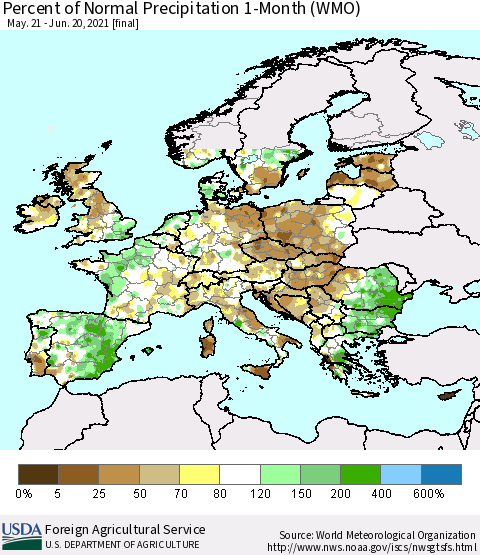 Europe Percent of Normal Precipitation 1-Month (WMO) Thematic Map For 5/21/2021 - 6/20/2021