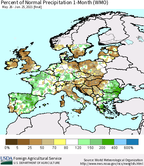 Europe Percent of Normal Precipitation 1-Month (WMO) Thematic Map For 5/26/2021 - 6/25/2021