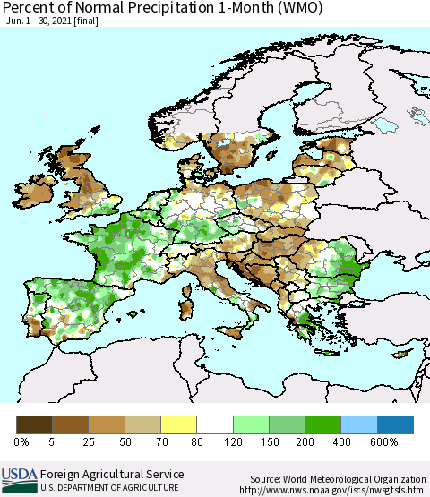 Europe Percent of Normal Precipitation 1-Month (WMO) Thematic Map For 6/1/2021 - 6/30/2021