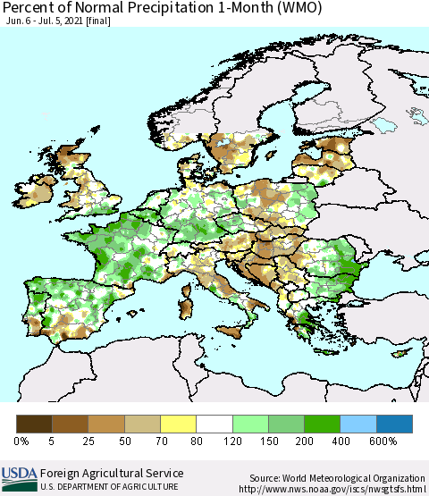 Europe Percent of Normal Precipitation 1-Month (WMO) Thematic Map For 6/6/2021 - 7/5/2021