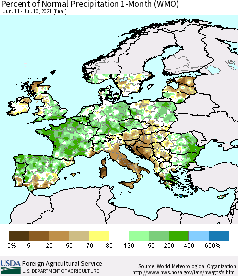 Europe Percent of Normal Precipitation 1-Month (WMO) Thematic Map For 6/11/2021 - 7/10/2021