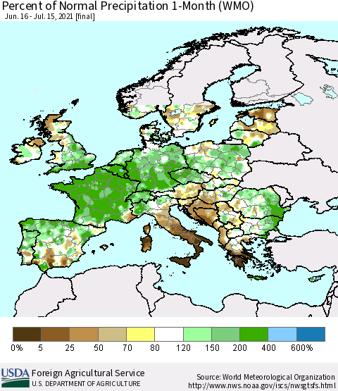 Europe Percent of Normal Precipitation 1-Month (WMO) Thematic Map For 6/16/2021 - 7/15/2021