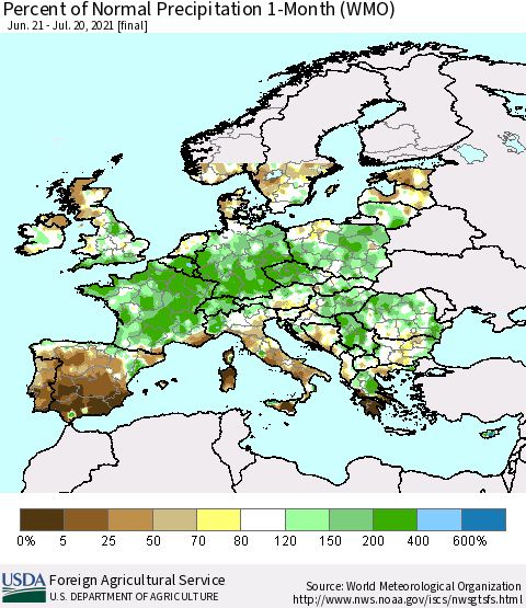 Europe Percent of Normal Precipitation 1-Month (WMO) Thematic Map For 6/21/2021 - 7/20/2021