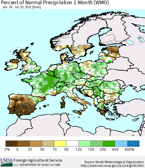 Europe Percent of Normal Precipitation 1-Month (WMO) Thematic Map For 6/26/2021 - 7/25/2021