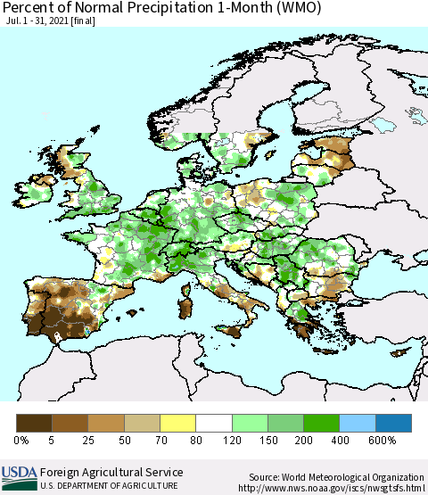 Europe Percent of Normal Precipitation 1-Month (WMO) Thematic Map For 7/1/2021 - 7/31/2021