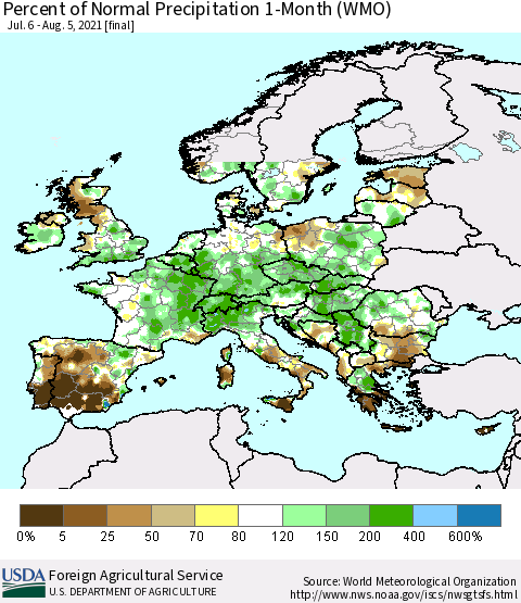 Europe Percent of Normal Precipitation 1-Month (WMO) Thematic Map For 7/6/2021 - 8/5/2021