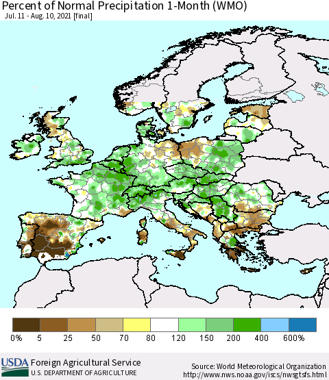 Europe Percent of Normal Precipitation 1-Month (WMO) Thematic Map For 7/11/2021 - 8/10/2021