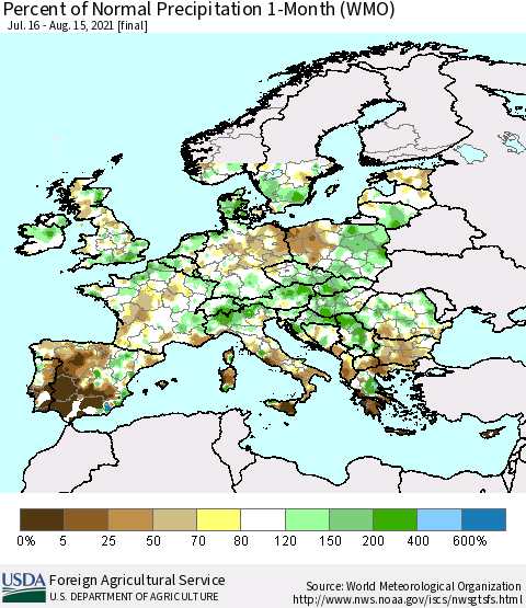 Europe Percent of Normal Precipitation 1-Month (WMO) Thematic Map For 7/16/2021 - 8/15/2021