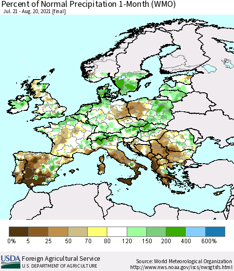 Europe Percent of Normal Precipitation 1-Month (WMO) Thematic Map For 7/21/2021 - 8/20/2021