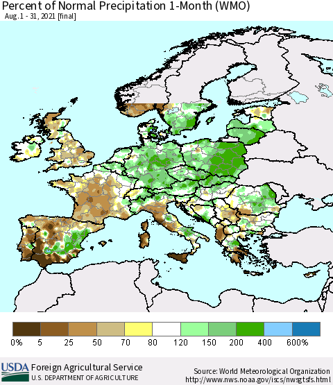 Europe Percent of Normal Precipitation 1-Month (WMO) Thematic Map For 8/1/2021 - 8/31/2021