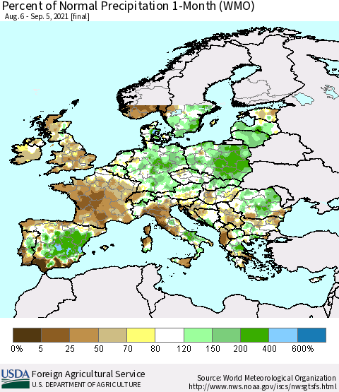 Europe Percent of Normal Precipitation 1-Month (WMO) Thematic Map For 8/6/2021 - 9/5/2021
