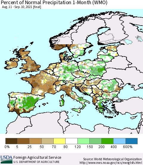 Europe Percent of Normal Precipitation 1-Month (WMO) Thematic Map For 8/11/2021 - 9/10/2021