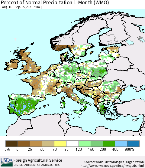 Europe Percent of Normal Precipitation 1-Month (WMO) Thematic Map For 8/16/2021 - 9/15/2021