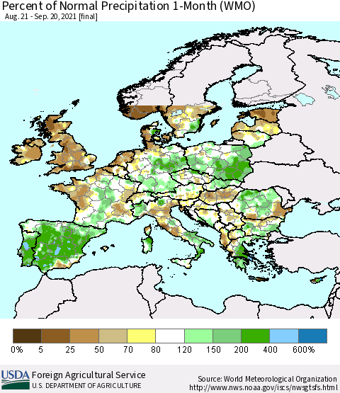 Europe Percent of Normal Precipitation 1-Month (WMO) Thematic Map For 8/21/2021 - 9/20/2021