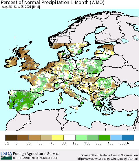 Europe Percent of Normal Precipitation 1-Month (WMO) Thematic Map For 8/26/2021 - 9/25/2021