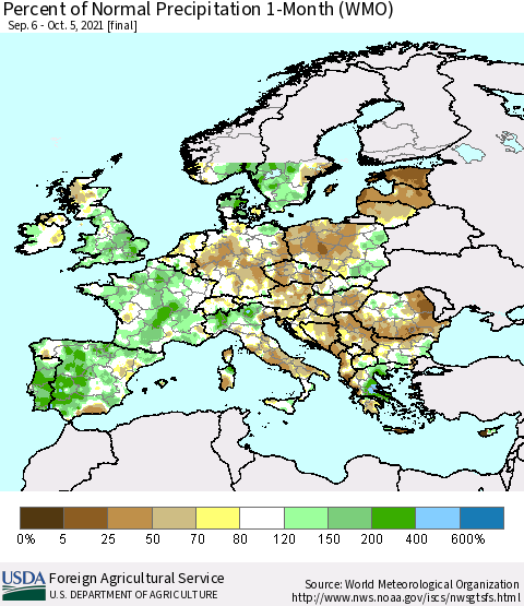Europe Percent of Normal Precipitation 1-Month (WMO) Thematic Map For 9/6/2021 - 10/5/2021