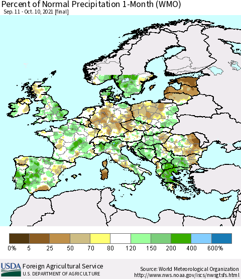 Europe Percent of Normal Precipitation 1-Month (WMO) Thematic Map For 9/11/2021 - 10/10/2021