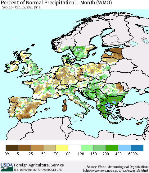 Europe Percent of Normal Precipitation 1-Month (WMO) Thematic Map For 9/16/2021 - 10/15/2021