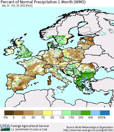 Europe Percent of Normal Precipitation 1-Month (WMO) Thematic Map For 9/21/2021 - 10/20/2021