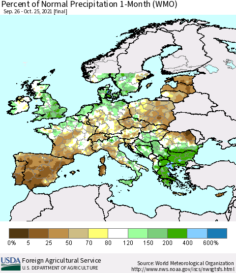 Europe Percent of Normal Precipitation 1-Month (WMO) Thematic Map For 9/26/2021 - 10/25/2021