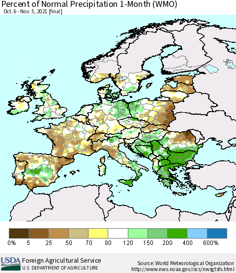 Europe Percent of Normal Precipitation 1-Month (WMO) Thematic Map For 10/6/2021 - 11/5/2021