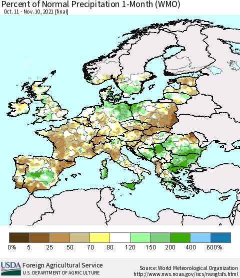 Europe Percent of Normal Precipitation 1-Month (WMO) Thematic Map For 10/11/2021 - 11/10/2021