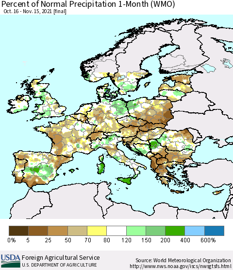 Europe Percent of Normal Precipitation 1-Month (WMO) Thematic Map For 10/16/2021 - 11/15/2021