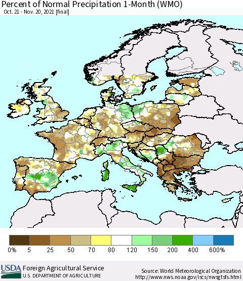 Europe Percent of Normal Precipitation 1-Month (WMO) Thematic Map For 10/21/2021 - 11/20/2021