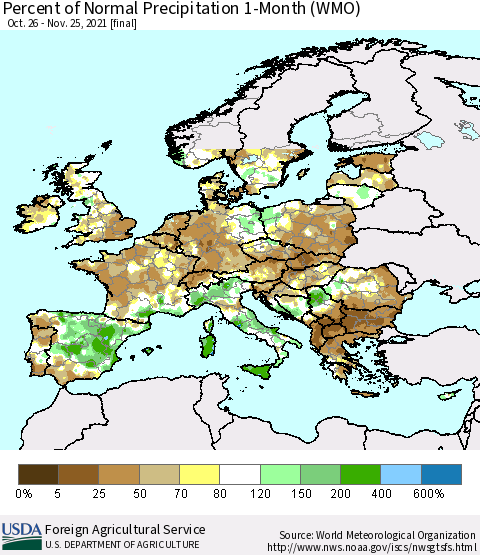 Europe Percent of Normal Precipitation 1-Month (WMO) Thematic Map For 10/26/2021 - 11/25/2021