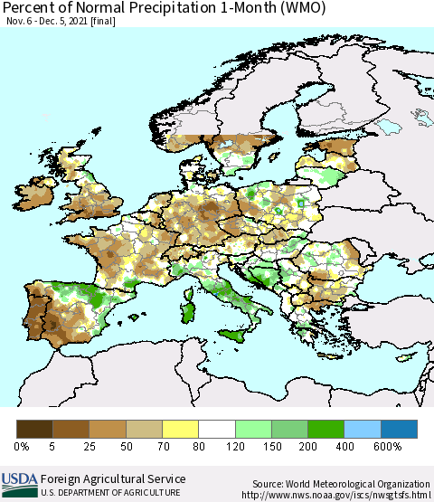 Europe Percent of Normal Precipitation 1-Month (WMO) Thematic Map For 11/6/2021 - 12/5/2021
