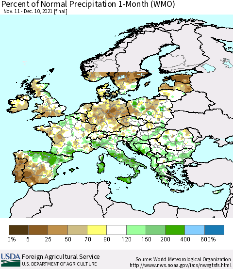 Europe Percent of Normal Precipitation 1-Month (WMO) Thematic Map For 11/11/2021 - 12/10/2021