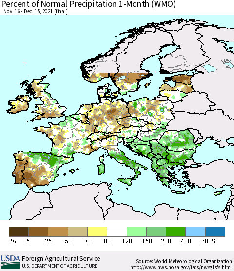 Europe Percent of Normal Precipitation 1-Month (WMO) Thematic Map For 11/16/2021 - 12/15/2021