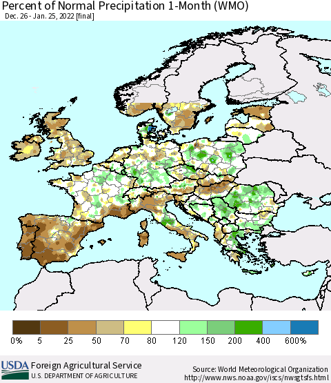 Europe Percent of Normal Precipitation 1-Month (WMO) Thematic Map For 12/26/2021 - 1/25/2022