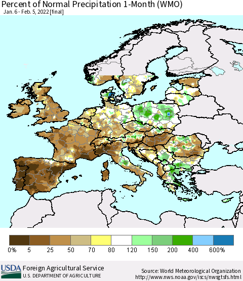 Europe Percent of Normal Precipitation 1-Month (WMO) Thematic Map For 1/6/2022 - 2/5/2022