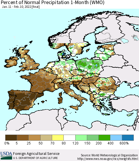 Europe Percent of Normal Precipitation 1-Month (WMO) Thematic Map For 1/11/2022 - 2/10/2022