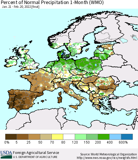 Europe Percent of Normal Precipitation 1-Month (WMO) Thematic Map For 1/21/2022 - 2/20/2022