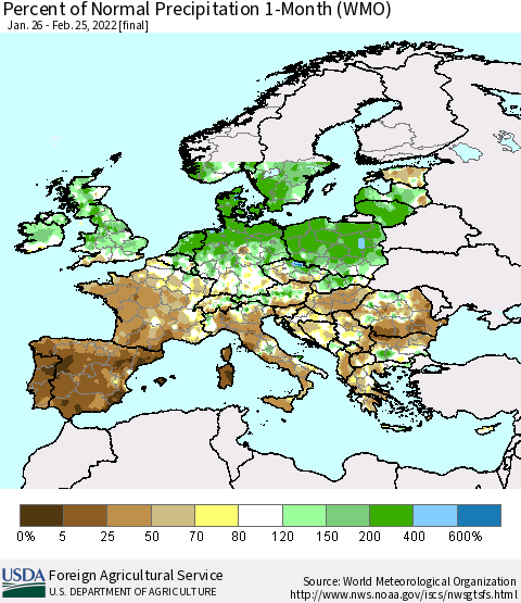Europe Percent of Normal Precipitation 1-Month (WMO) Thematic Map For 1/26/2022 - 2/25/2022