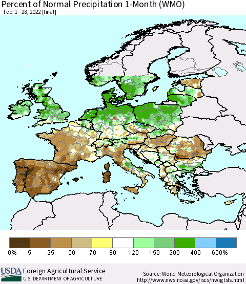 Europe Percent of Normal Precipitation 1-Month (WMO) Thematic Map For 2/1/2022 - 2/28/2022