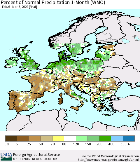 Europe Percent of Normal Precipitation 1-Month (WMO) Thematic Map For 2/6/2022 - 3/5/2022