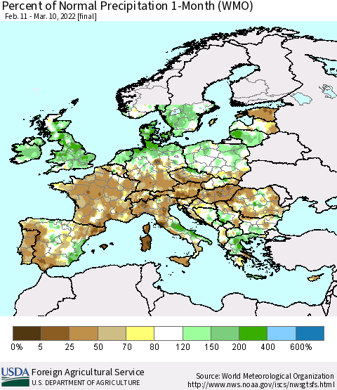 Europe Percent of Normal Precipitation 1-Month (WMO) Thematic Map For 2/11/2022 - 3/10/2022