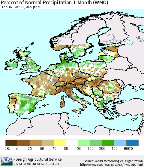 Europe Percent of Normal Precipitation 1-Month (WMO) Thematic Map For 2/16/2022 - 3/15/2022