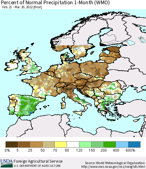 Europe Percent of Normal Precipitation 1-Month (WMO) Thematic Map For 2/21/2022 - 3/20/2022