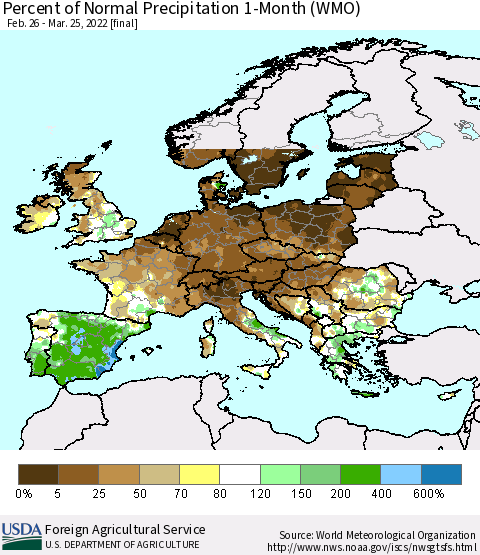 Europe Percent of Normal Precipitation 1-Month (WMO) Thematic Map For 2/26/2022 - 3/25/2022